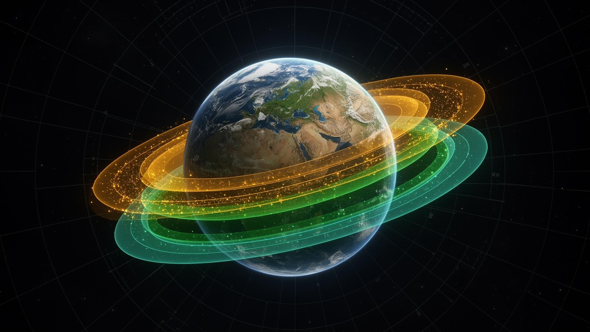 3D Earth surrounded by amber and emerald data rings representing layered scientific datasets