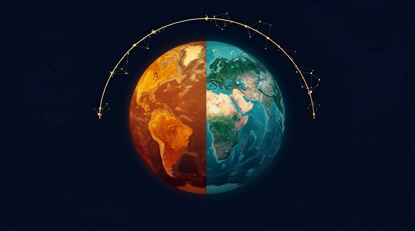 Split Earth — ancient supercontinent on the left, modern continents on the right, joined by a golden timeline arc